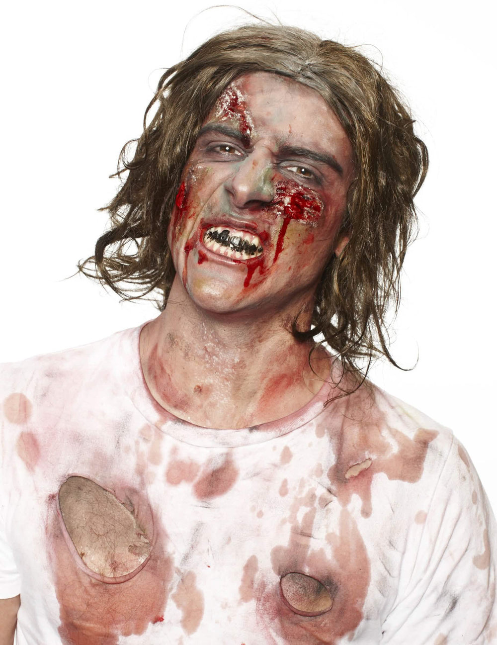 Elölnézetből látható a felnőtt fehér folyékony latex sminkek zombik karaktere