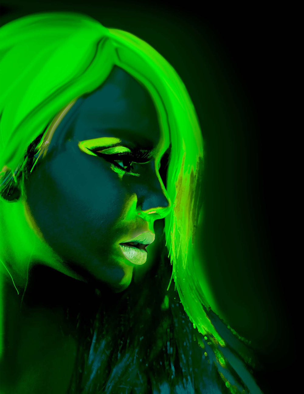 Vue de profil du rendu fluorescent du maquillage néon pour adulte