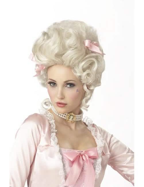 Marie Antoinette paróka platinaszőke nő számára rózsaszín masnikkal