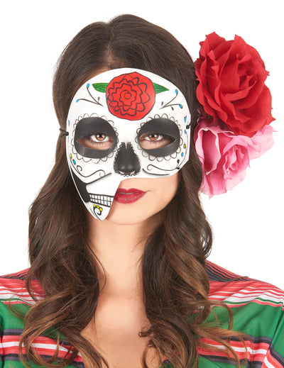 Masque asymétrique Dia de los Muertos pour adulte blanc avec fleurs rouges et roses