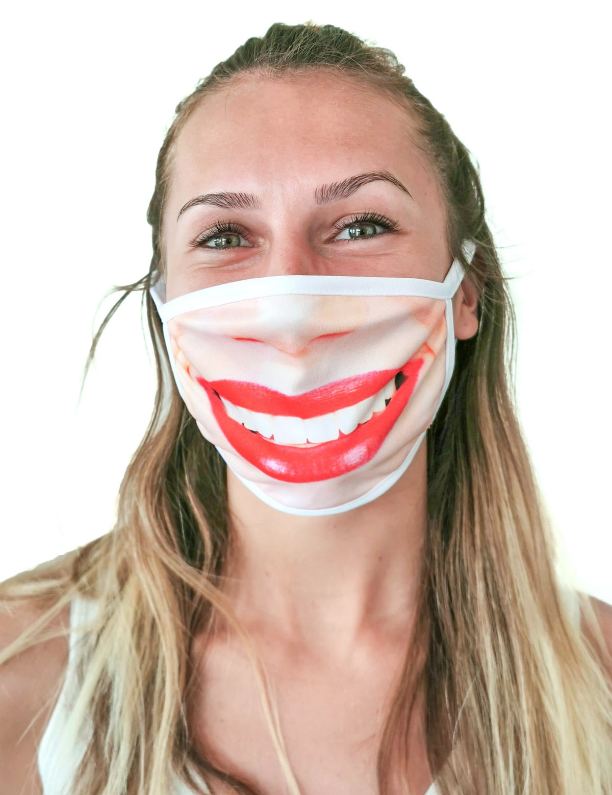 Masque cache nez imprimé rouge à lèvre pour adulte avec large sourire blanc et rouge