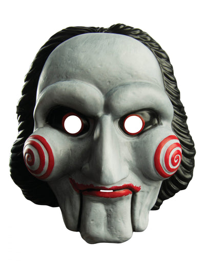 Masque en plastique Saw pour adulte blanc avec spirales rouges et cheveux noirs