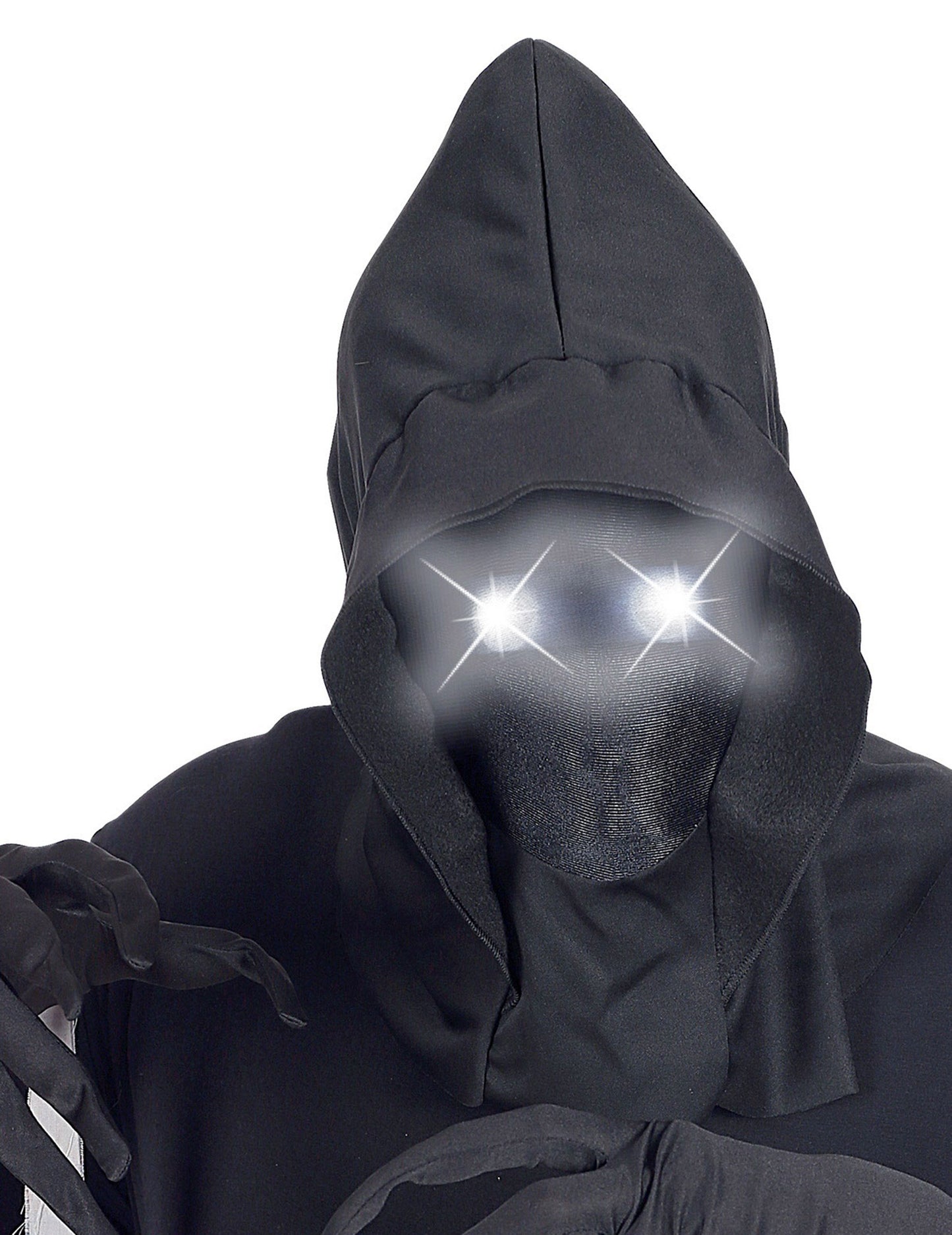 Gros plan sur les yeux lumineux du masque intégral à capuche visage invisible et yeux lumineux