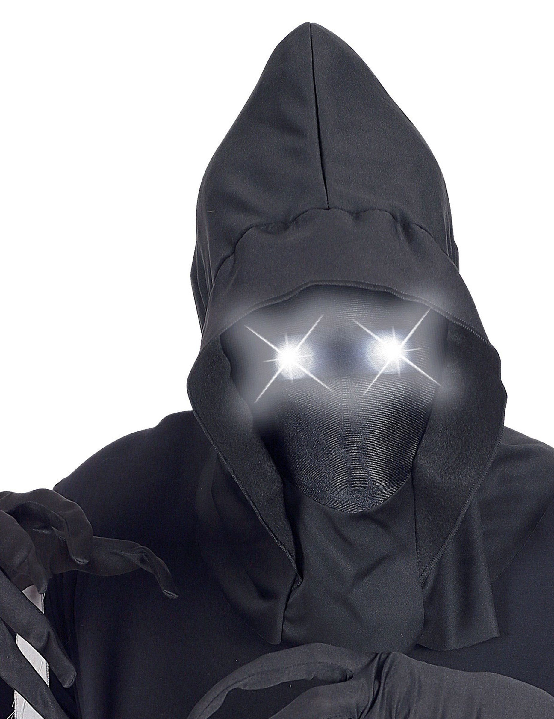 Gros plan sur les yeux lumineux du masque intégral à capuche visage invisible et yeux lumineux