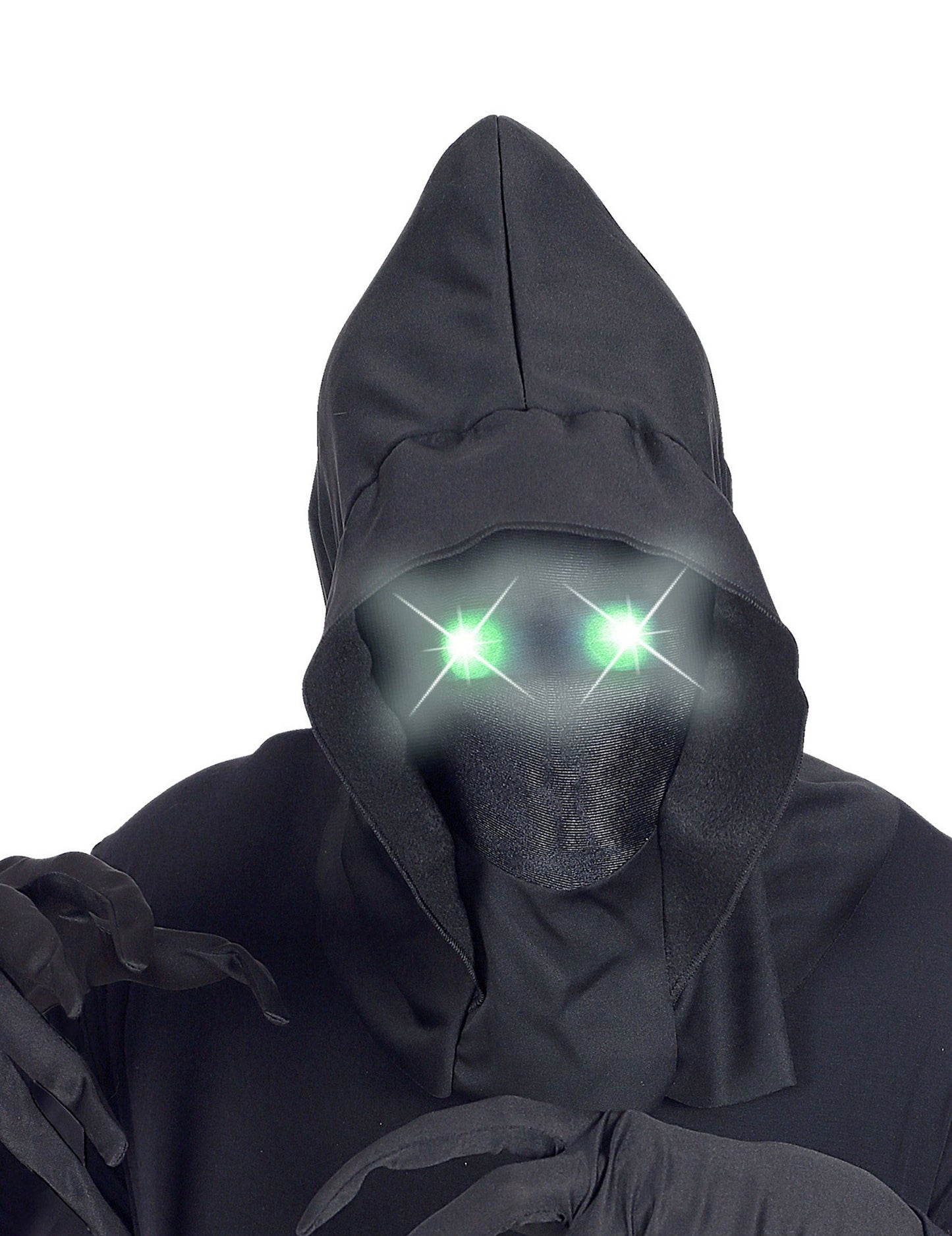 Détail des yeux lumineux verts du masque intégral à capuche visage invisible pour adulte