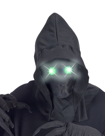 Détail des yeux lumineux verts du masque intégral à capuche visage invisible pour adulte