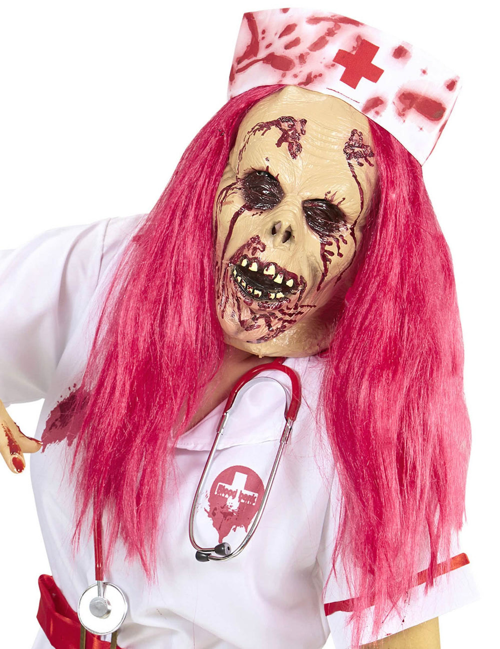 Zombie nővér teljes arcmaszk felnőttnek rózsaszín hajjal és véres fejdíszzel