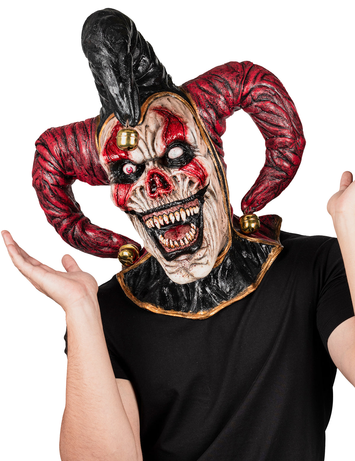 Masque intégral joker démoniaque pour adulte noir et rouge avec grelots dorés
