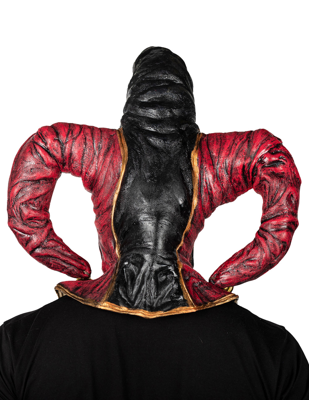 Masque intégral joker démoniaque pour adulte rouge et noir vue de dos