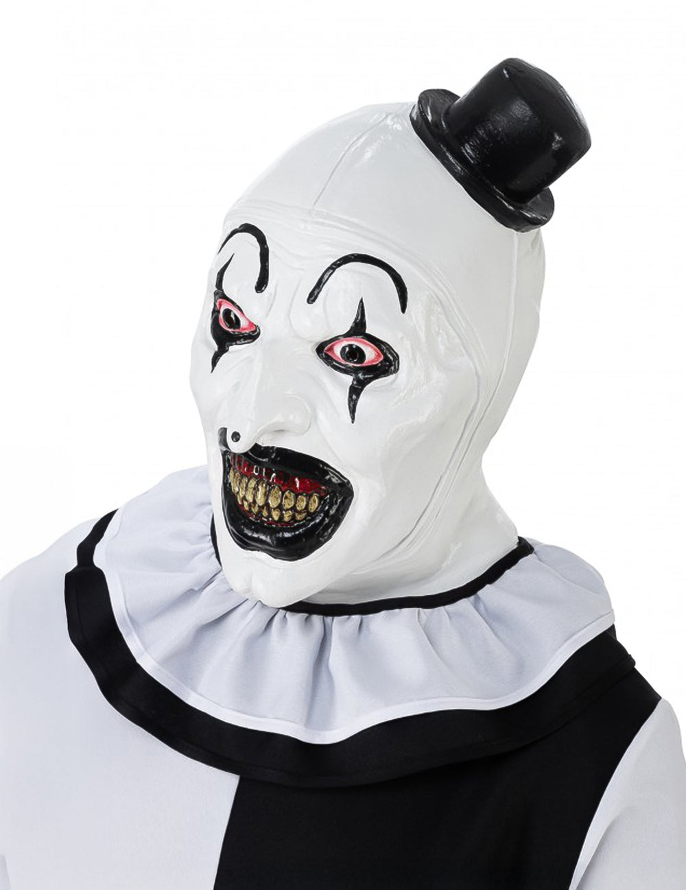 Masque intégral luxe Terrifier™ pour adulte blanc et noir avec mini chapeau haut de forme