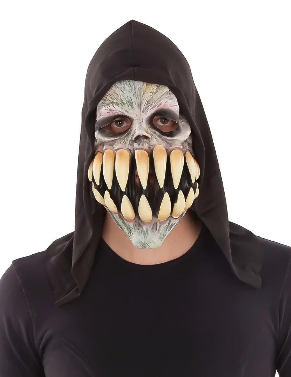 Masque latex grandes dents pour adulte gris avec capuche noire