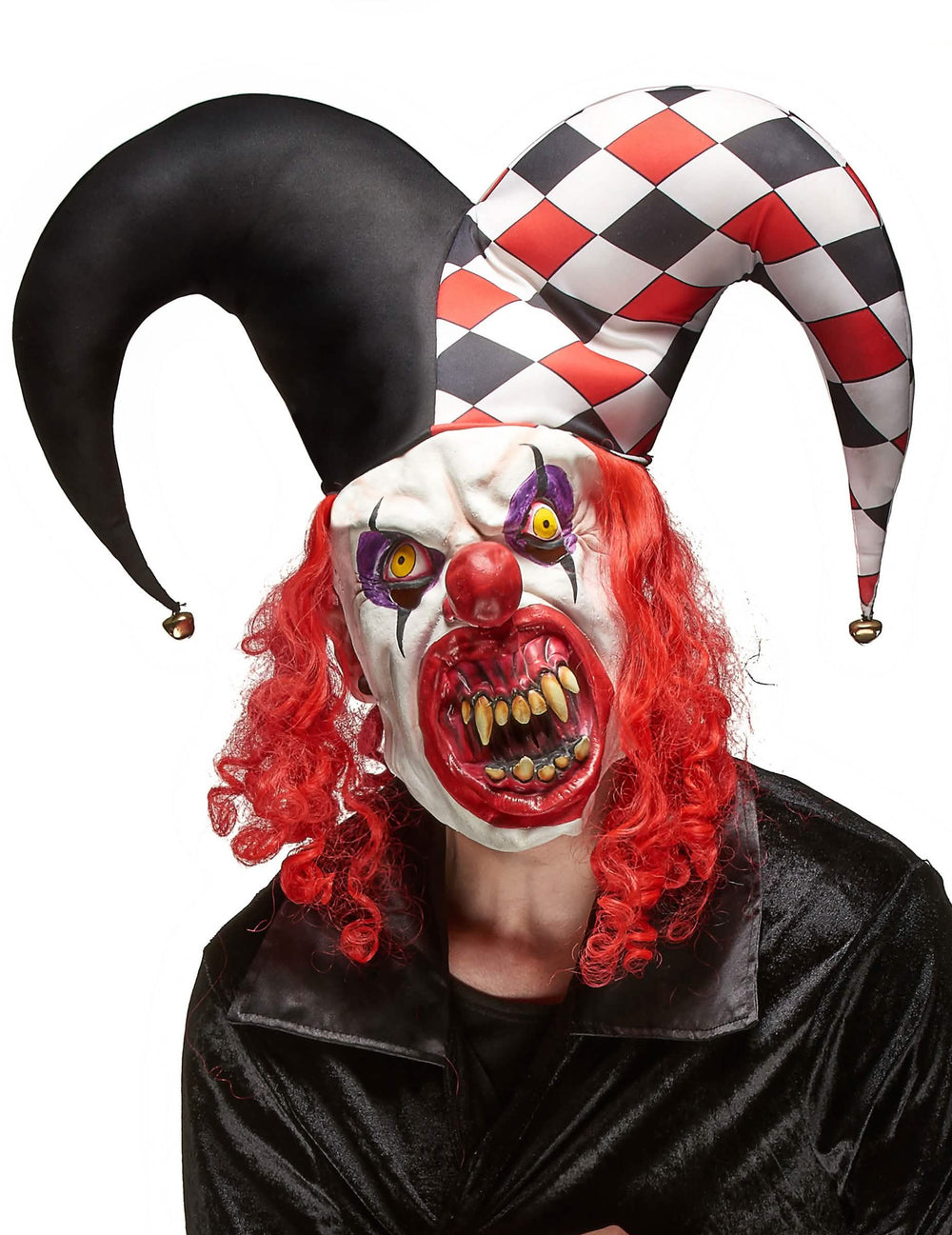ijesztő joker latexmaszk felnőttnek fehér és piros színben, csörgős bolondkalappal