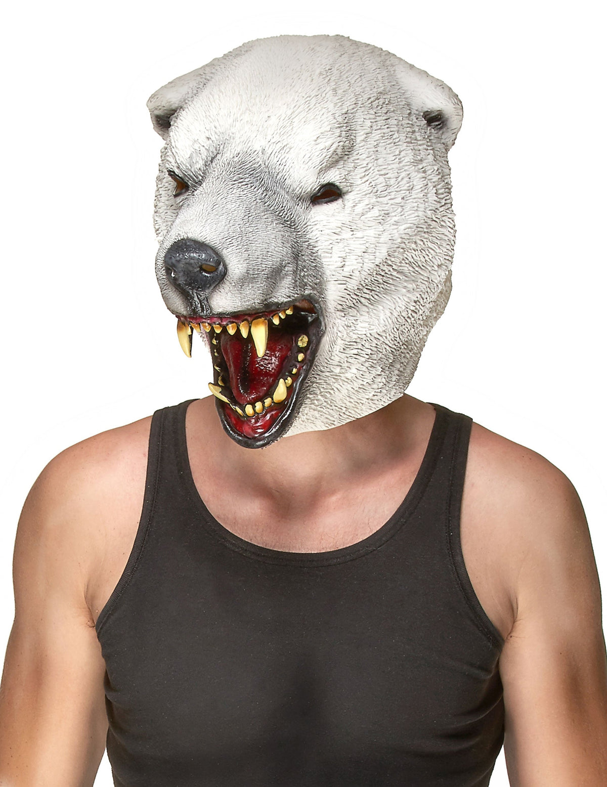 Masque en latex ours polaire pour adulte blanc avec gueule ouverte
