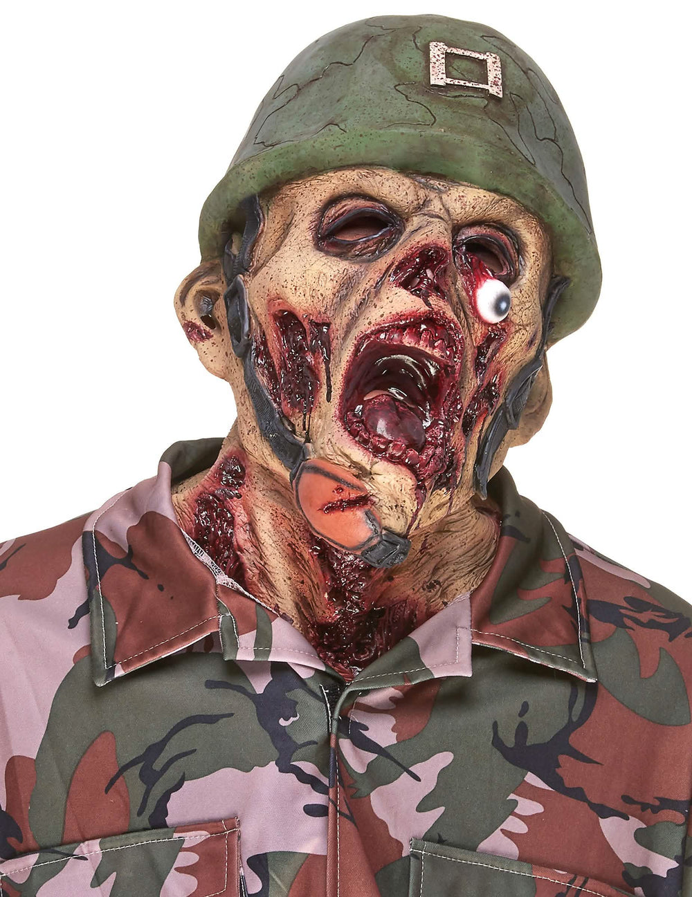 Latex zombi katona maszk felnőttnek, sisakkal és véres részletekkel