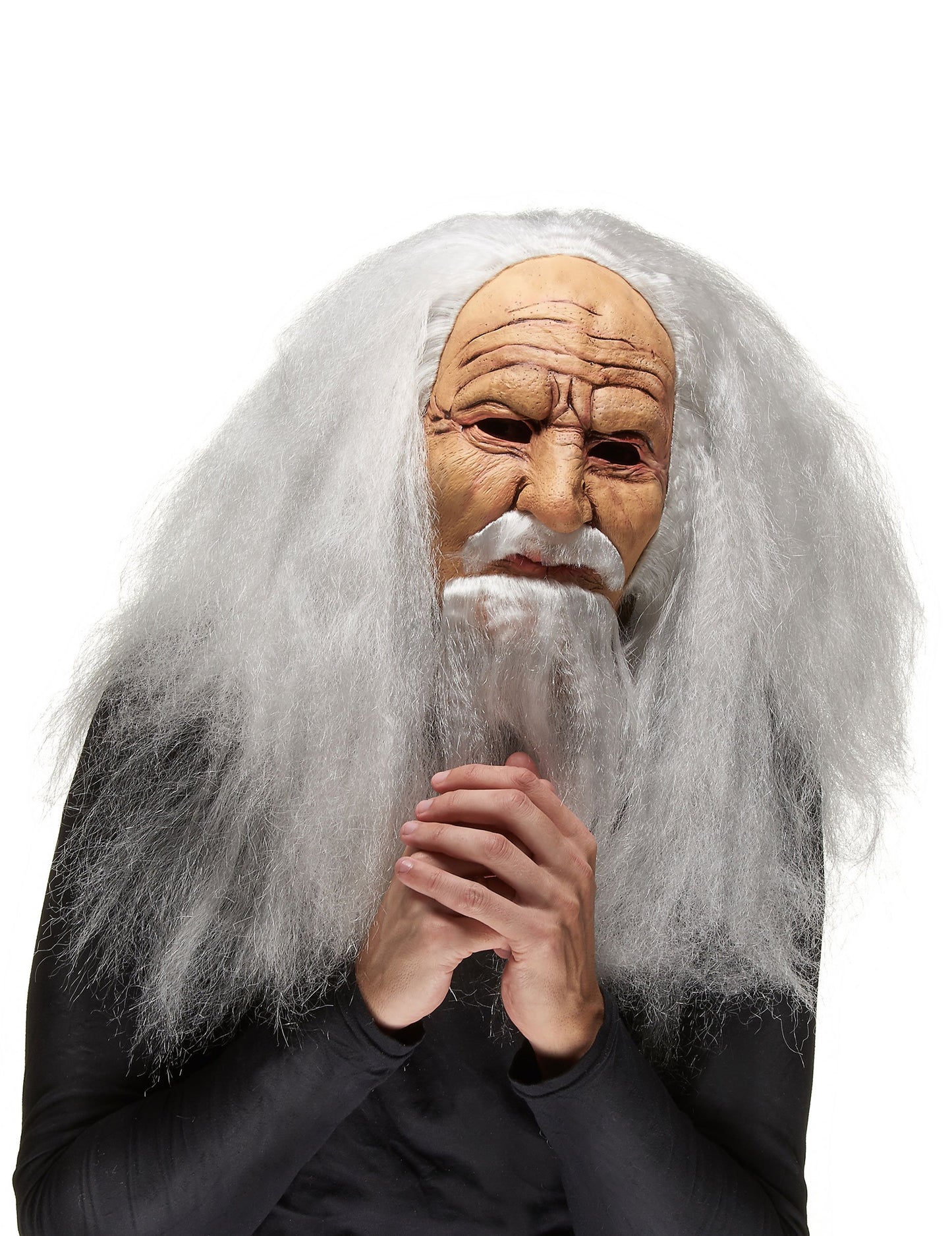 Masque latex vieux sorcier pour adulte à longs cheveux et barbe blancs