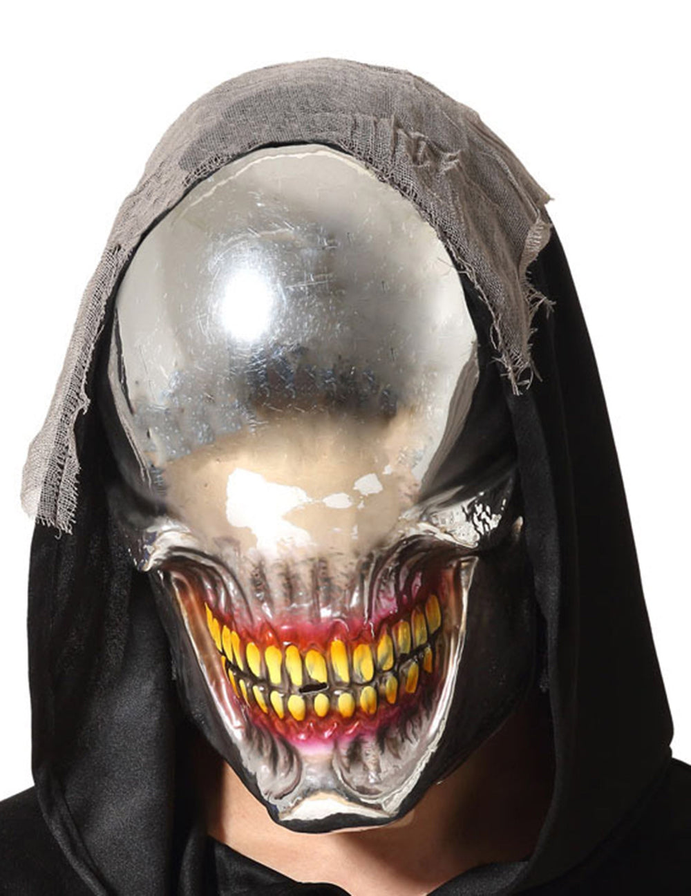 Masque no eyes pour adulte argenté effet miroir et dents jaunes