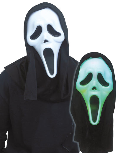 Masque Scream™ lumineux coloré pour adulte blanc s'illuminant en vert avec cagoule noire