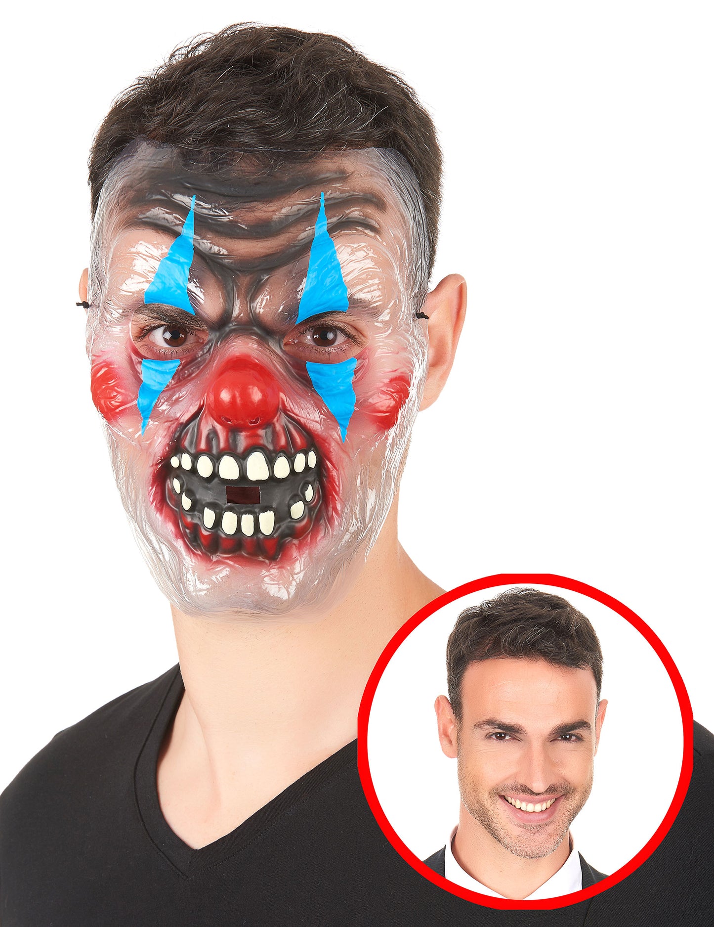 Masque transparent clown effrayant pour adulte bicolore bleu et rouge