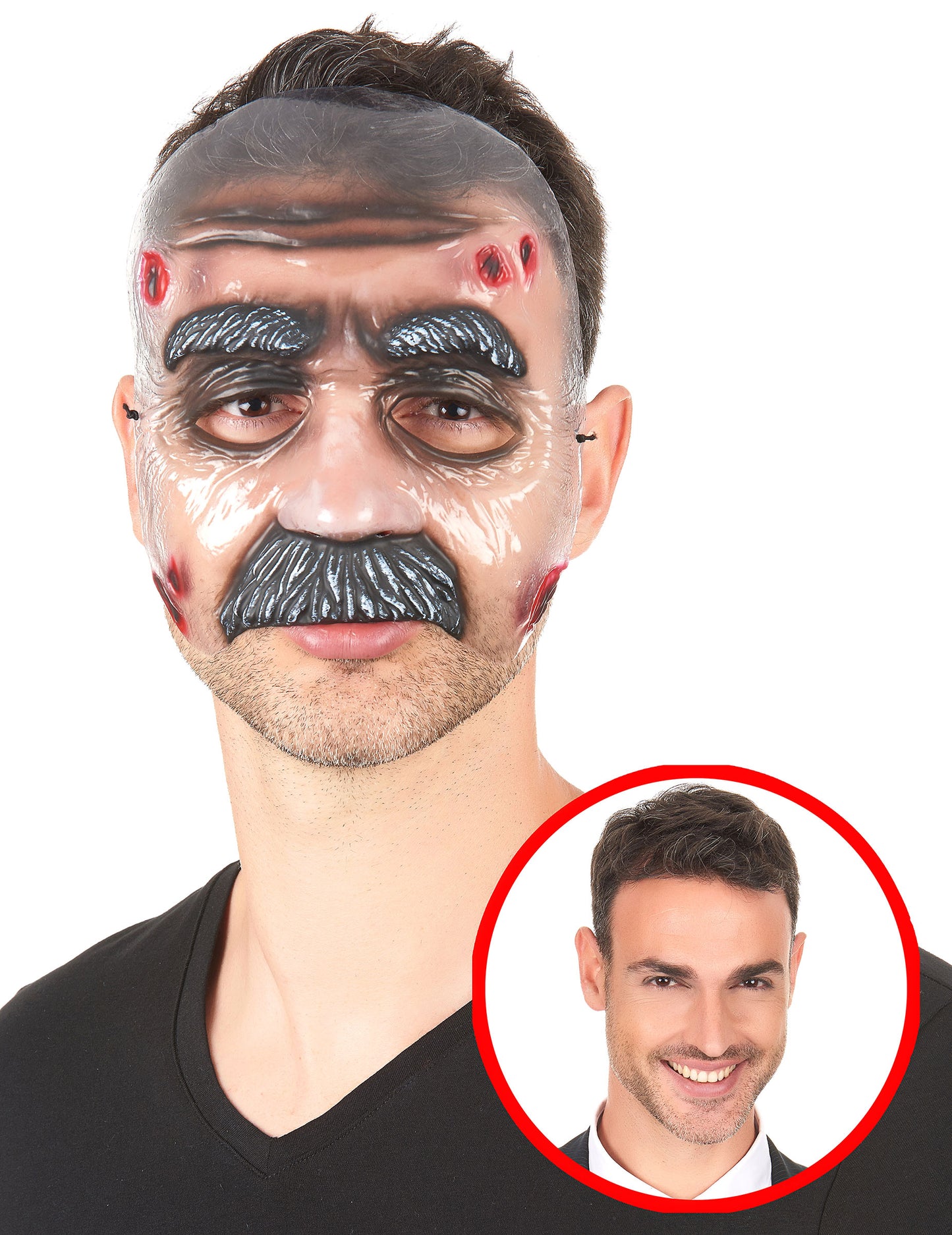 Masque transparent homme moustachu pour adulte avec moustache et blessures rouges