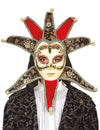 Masque vénitien pour femme rouge et noir avec dorures et grelots