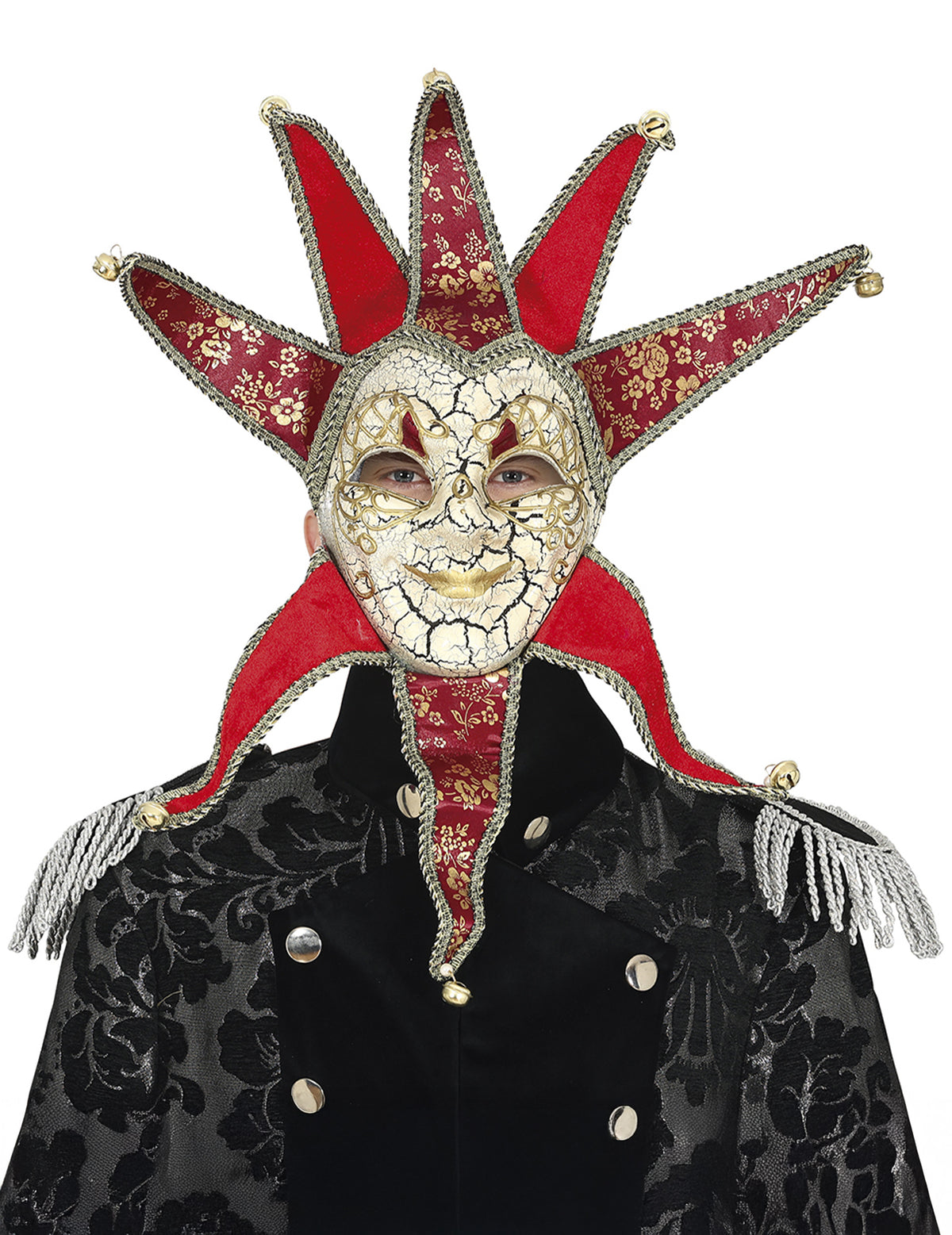 Masque vénitien pour homme rouge et or avec grelots
