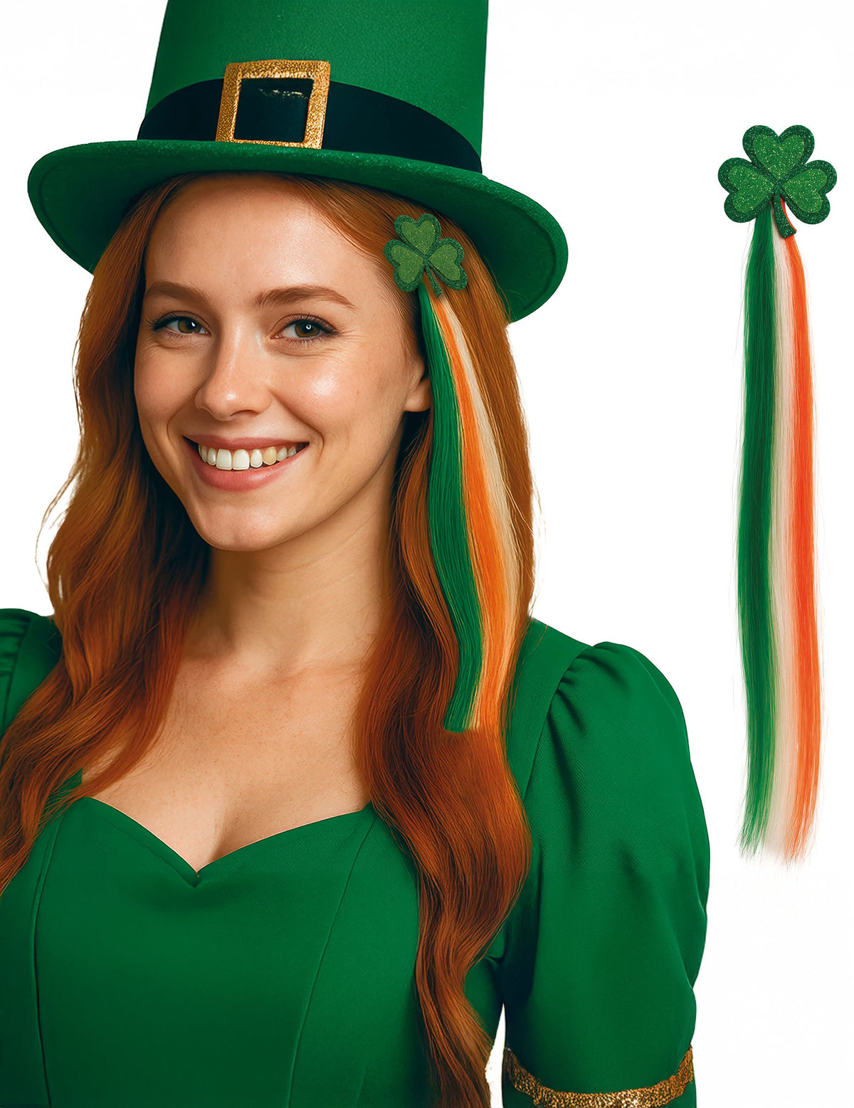 Mèche de cheveux Irlandaise avec trèfle pour femme verte blanche et orange