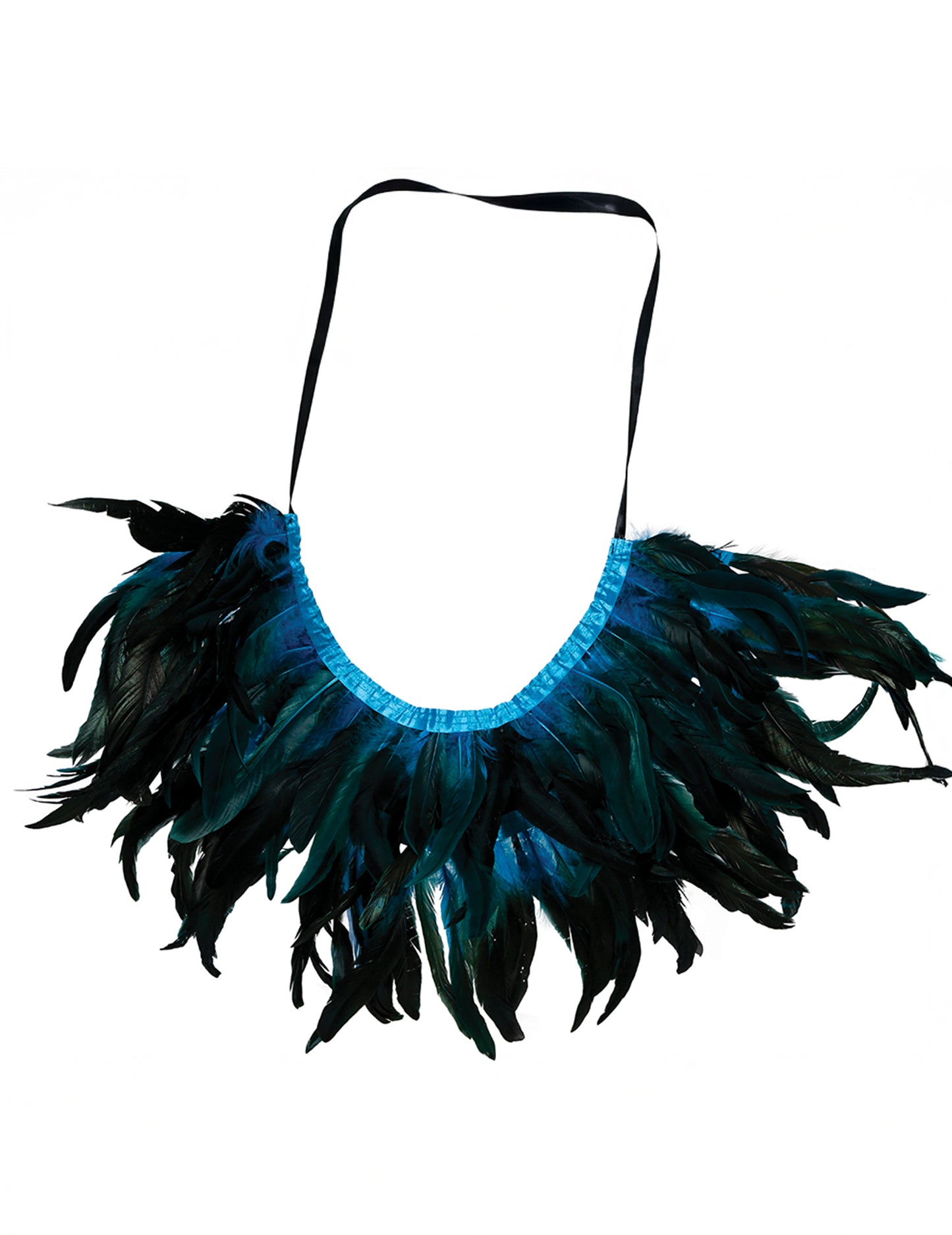 Vue de dos de la mini cape en plumes pour adulte noire et bleue