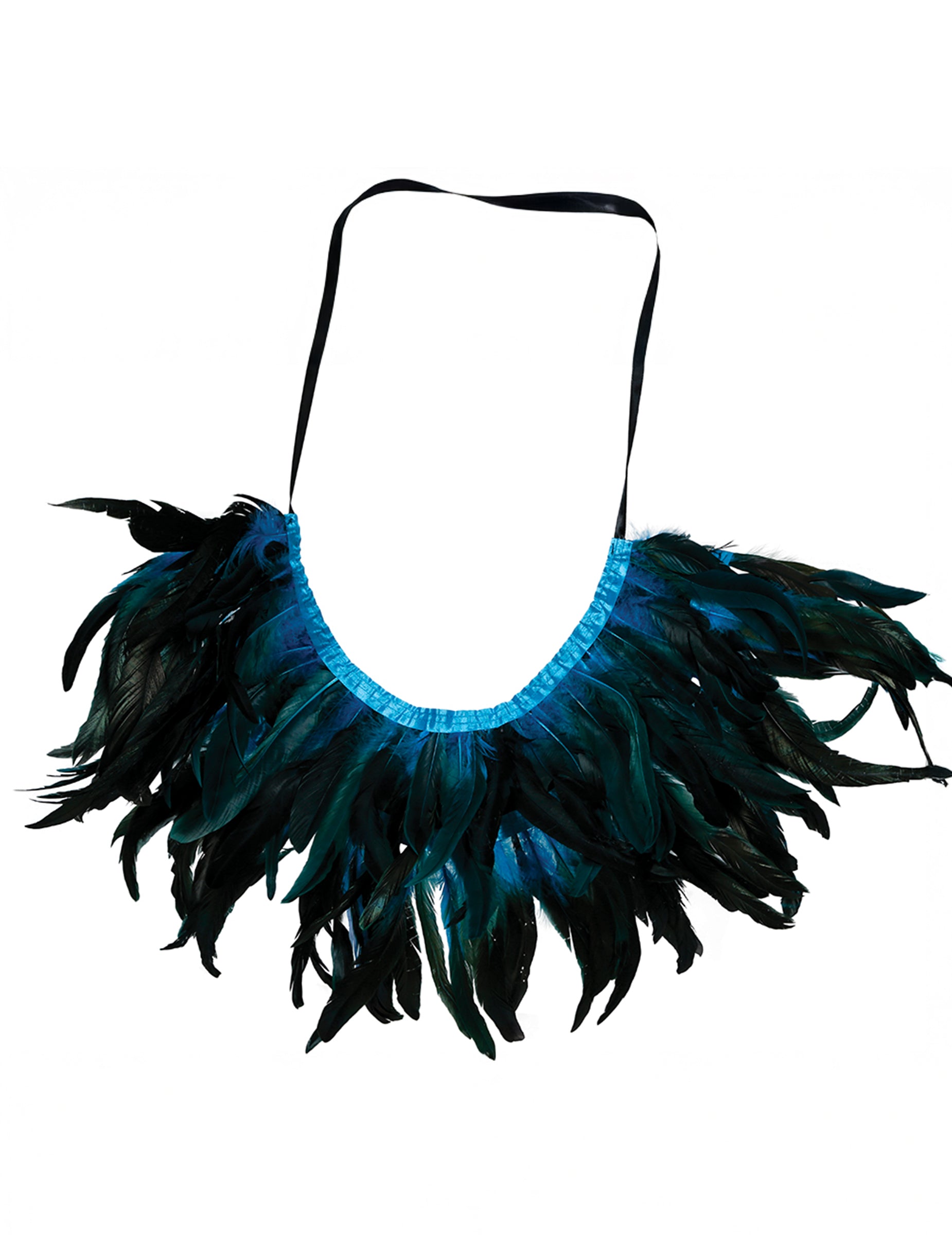 Vue de dos de la mini cape en plumes pour adulte noire et bleue