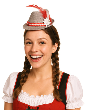 Mini chapeau bavarois pour femme gris et rouge avec plume et fleur