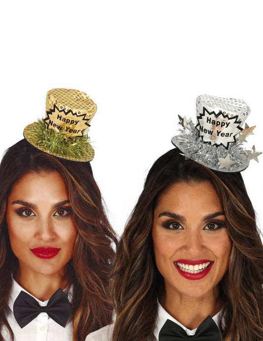 Mini chapeau haut de forme Happy New Year pour adulte doré et argenté à sequins