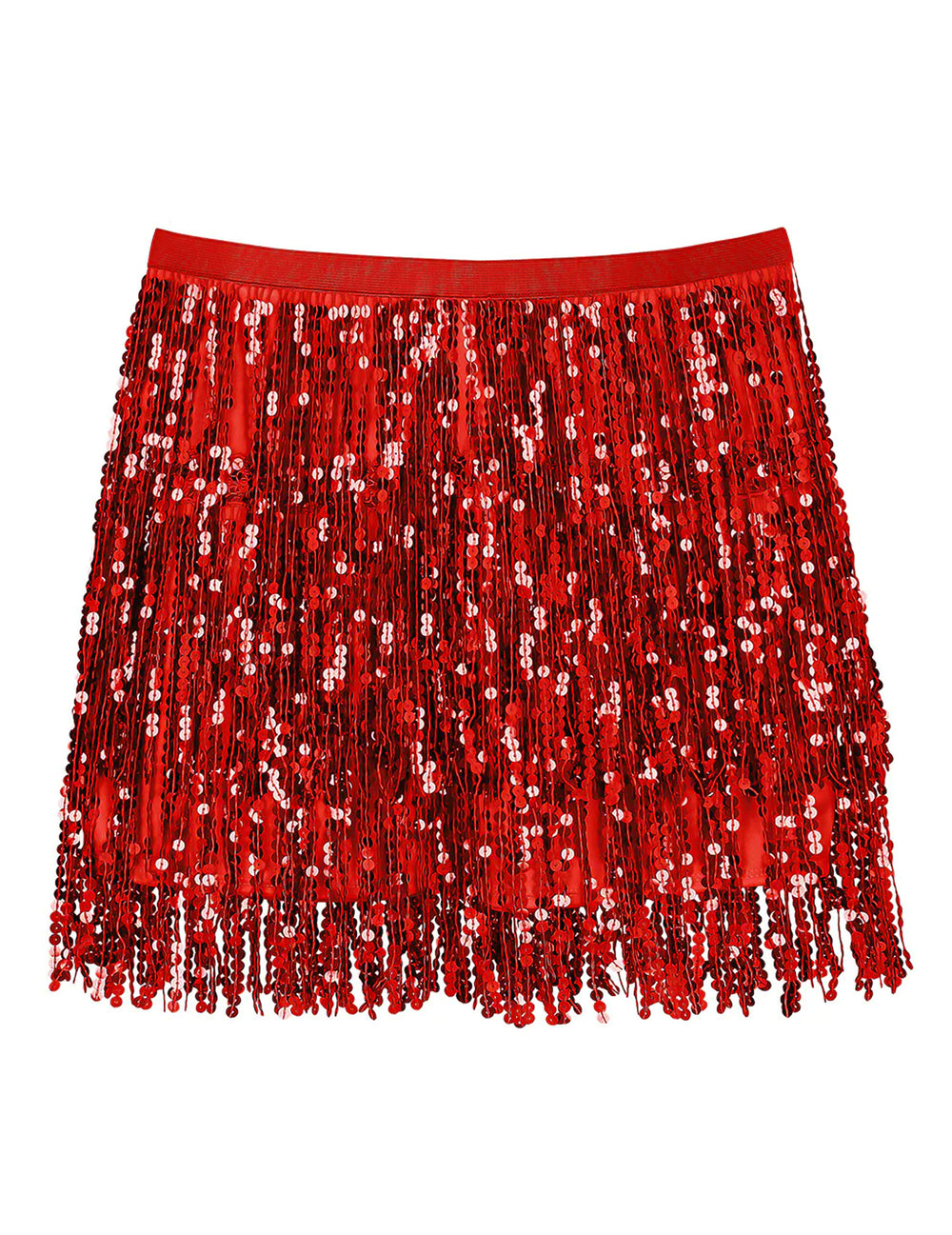 Vue de face de la minijupe à paillettes pour femme rouge
