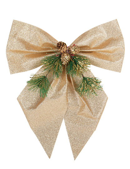 Nœud sapin et pommes de pin pour décoration de Noël champagne à paillettes