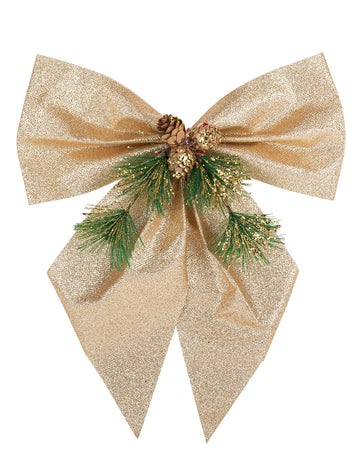 Csillámos pezsgőszínű masni fenyővel és tobozokkal 24 x 28 cm 