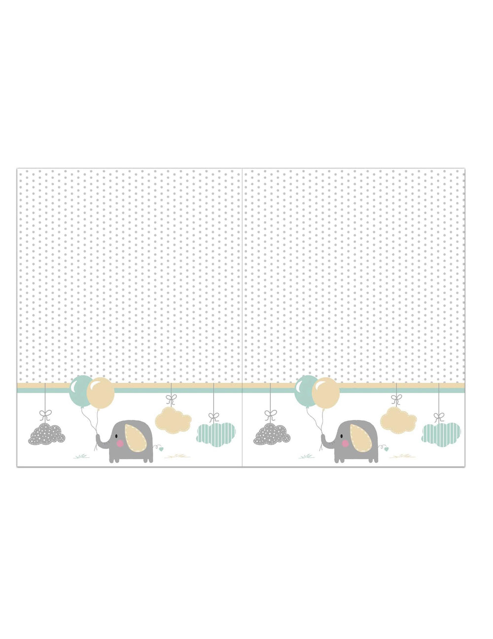 Műanyag asztalterítő baba elefántos baby showerre, fehér, szürke pöttyökkel és pasztell mintákkal