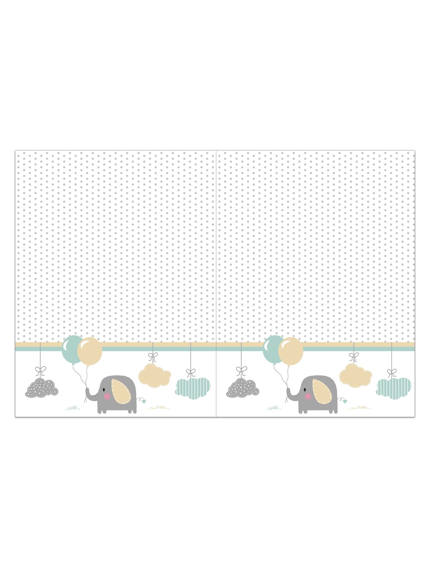 Nappe en plastique bébé éléphant pour baby shower blanche à pois gris avec motifs pastel