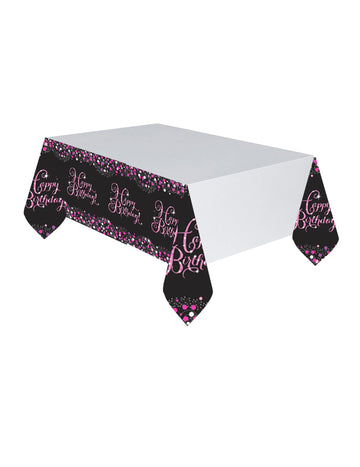 Csillogó rózsaszín ünnepi műanyag terítő 120 x 180 cm Boldog születésnapot!