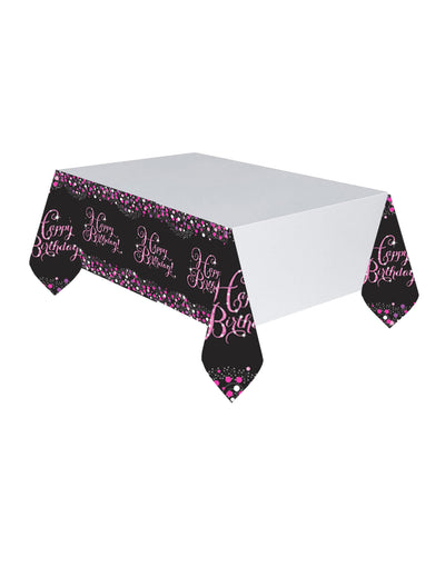 Nappe en plastique célébration pétillante Happy Birthday pour anniversaire rose et noir