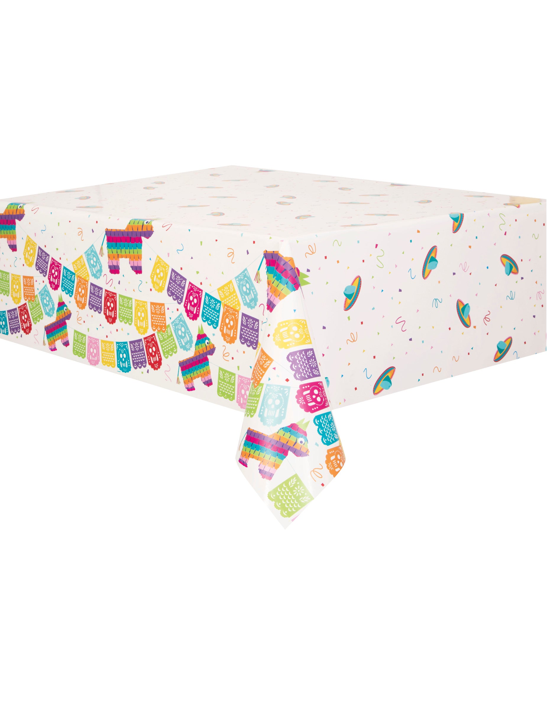 Nappe en plastique Fiesta Mexicaine blanche à motifs piñatas et sombreros colorés