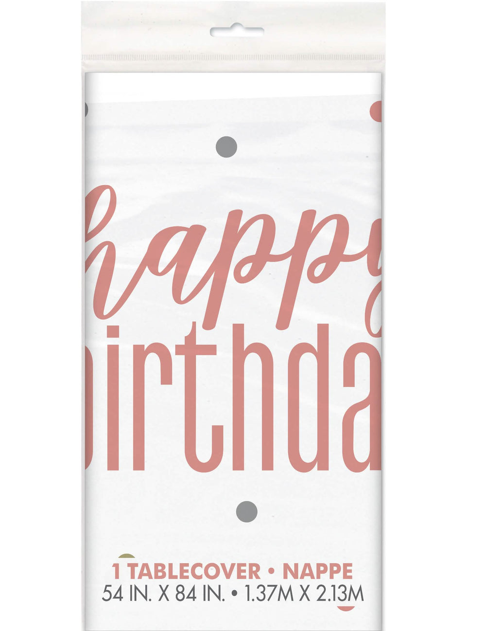 Műanyag Happy Birthday asztalterítő születésnapra, fehér és rózsaszín pöttyökkel