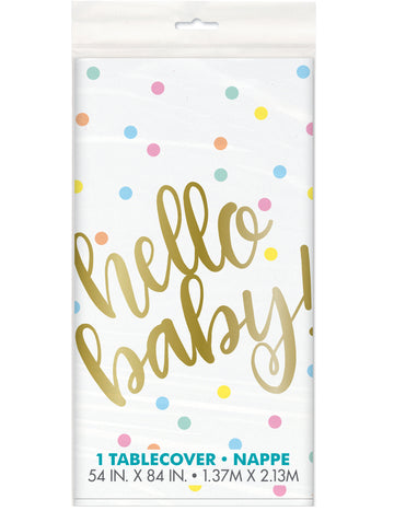 Fehér és arany Hello Baby műanyag terítő, 137 x 213 cm cm pöttyös