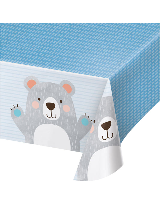 Nappe en plastique petit ours pour anniversaire 1 an bleue et grise