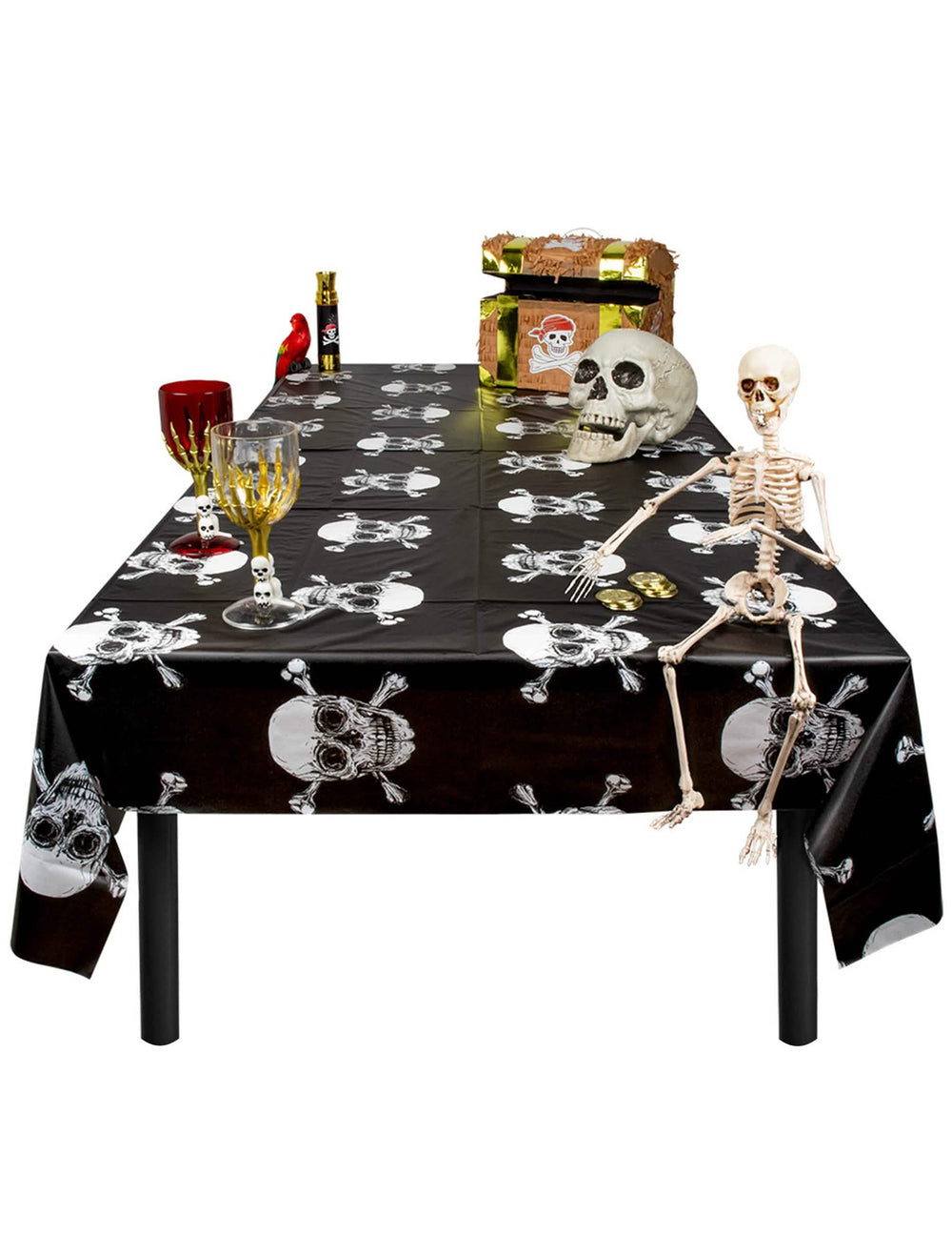 Asztali elrendezés Jolly Roger kalózos műanyag abrosszal