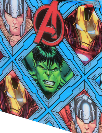 Détail des imprimés Hulk Thor et Iron Man de la nappe plastique Avengers Mighty