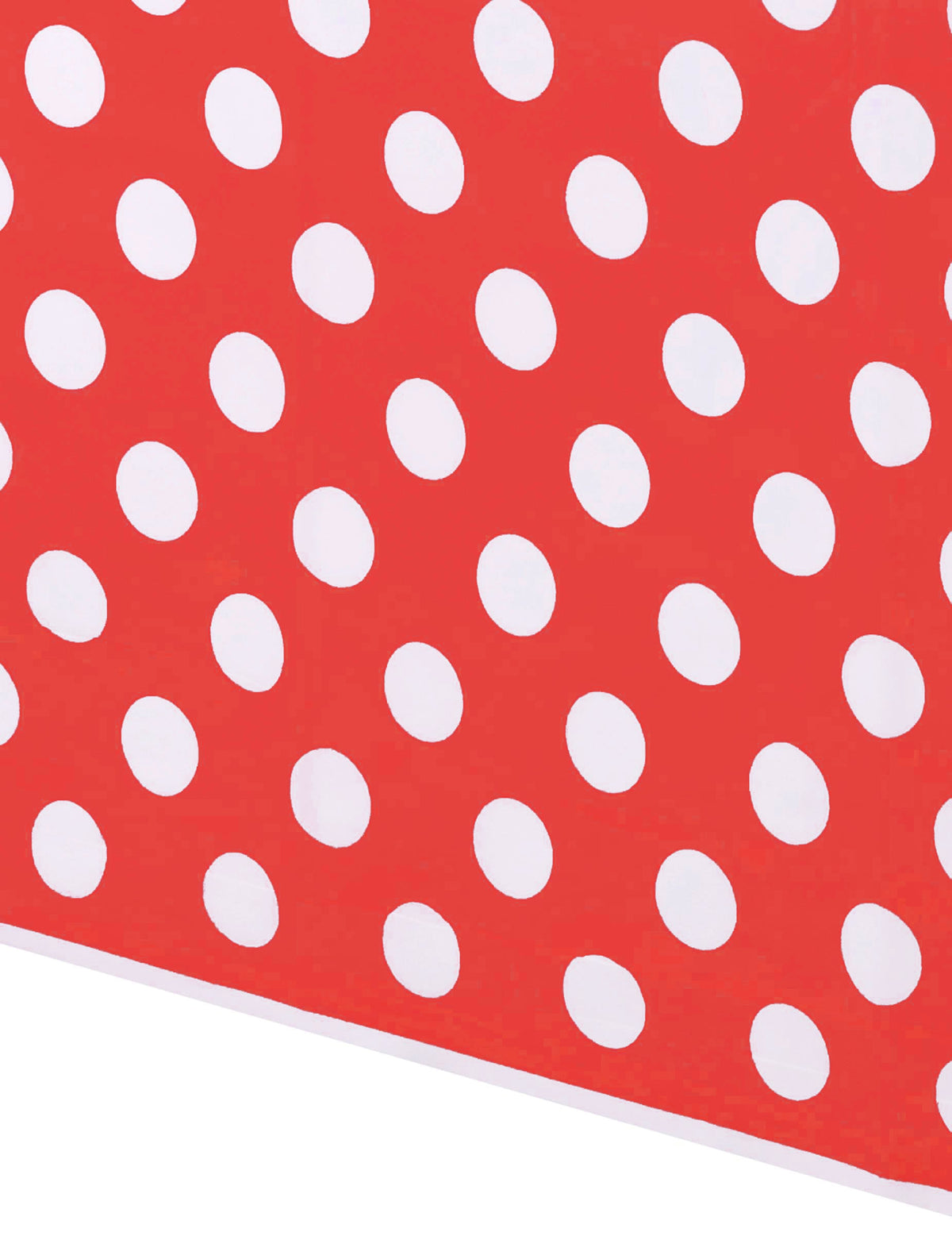 Détail du motif de la nappe à pois blancs rouge en plastique rectangulaire