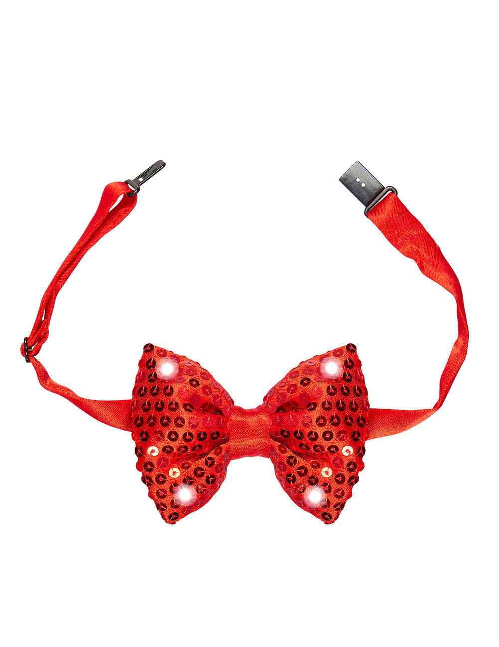 Détail du système d'attache du noeud papillon avec sequins et LED clignotantes pour adulte