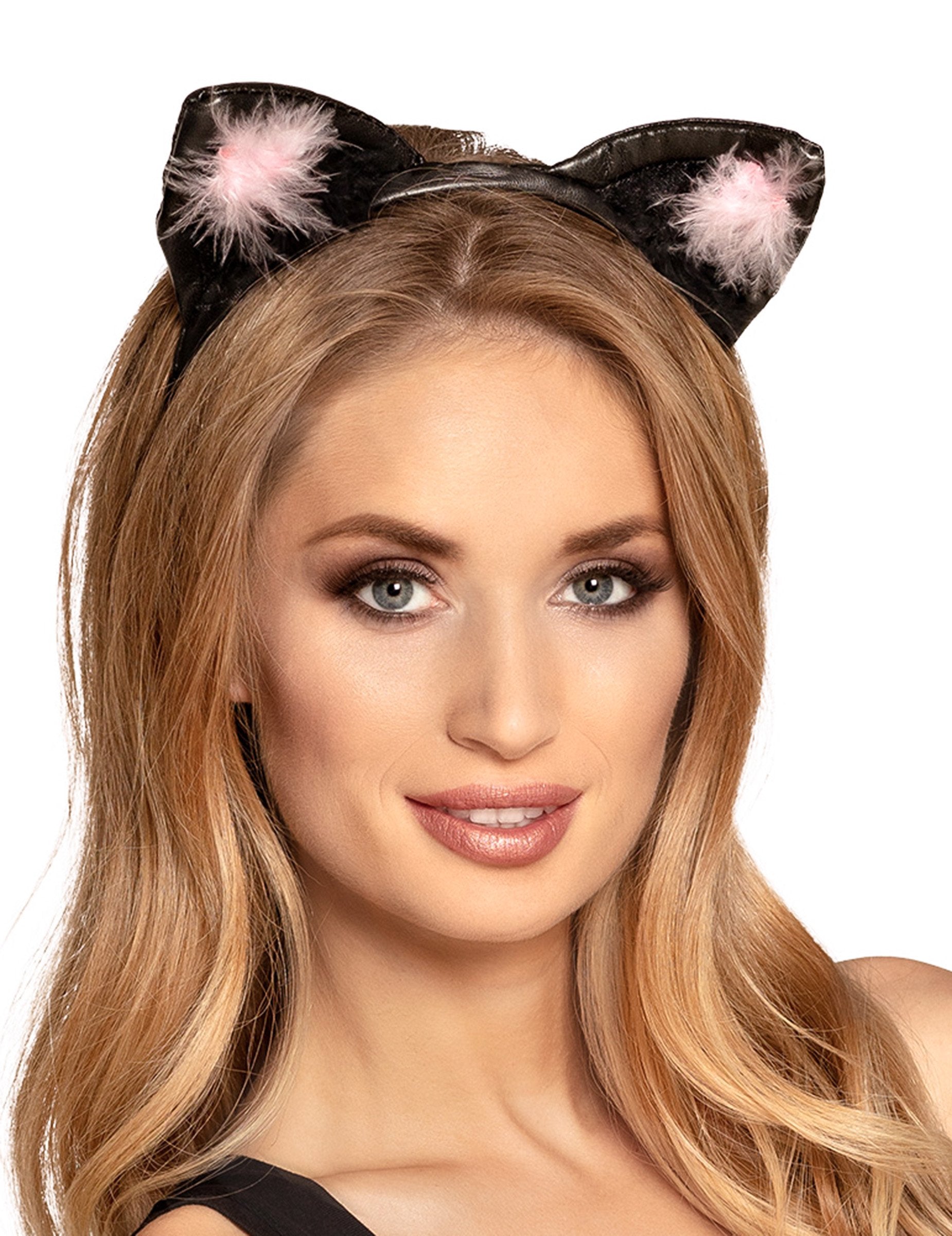 Fekete és rózsaszín macska fülek nőknek tollakkal