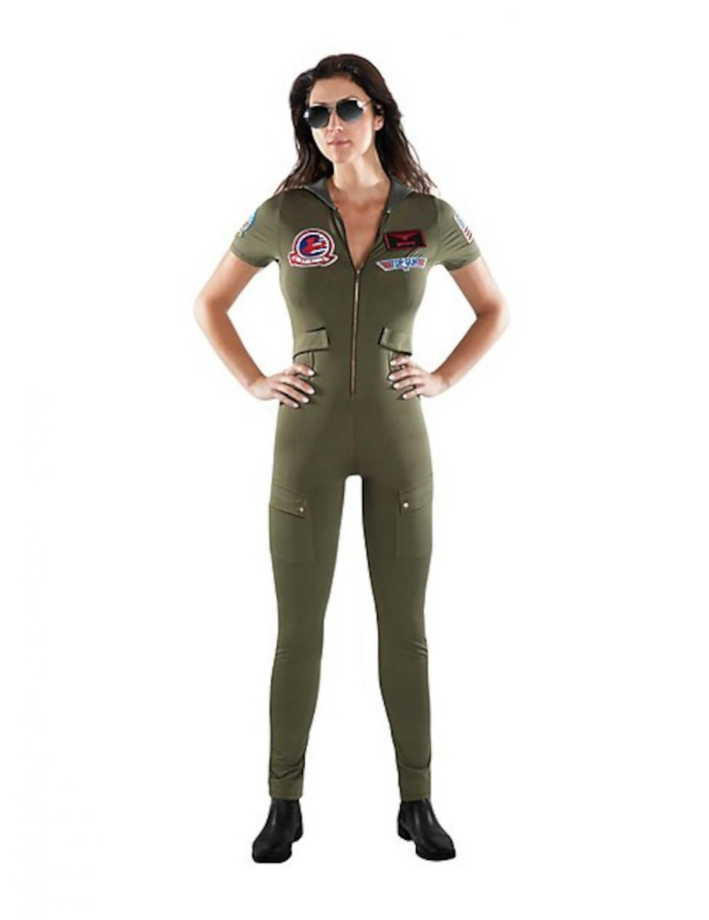 Top Gun felnőtt kombinezonos jelmez zöld khaki színben, felvarrókkal