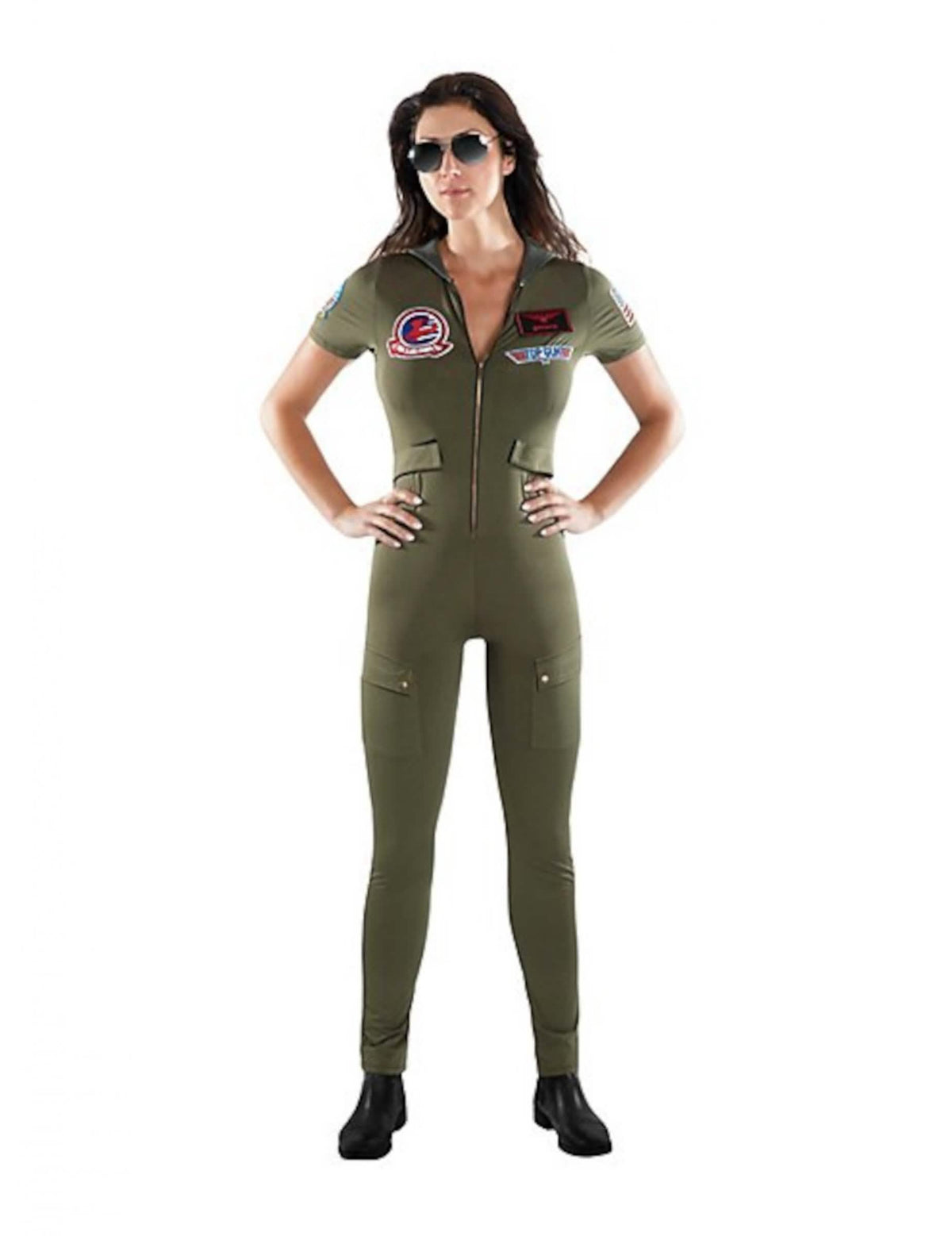 Top Gun felnőtt kombinezonos jelmez zöld khaki színben, felvarrókkal