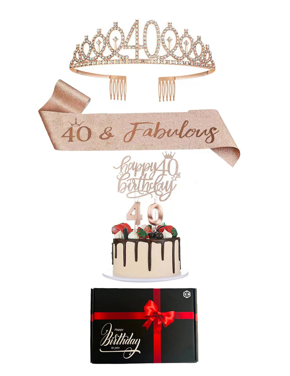 Pack d'accessoires anniversaire 40 ans pour femme rose gold avec tiare et écharpe