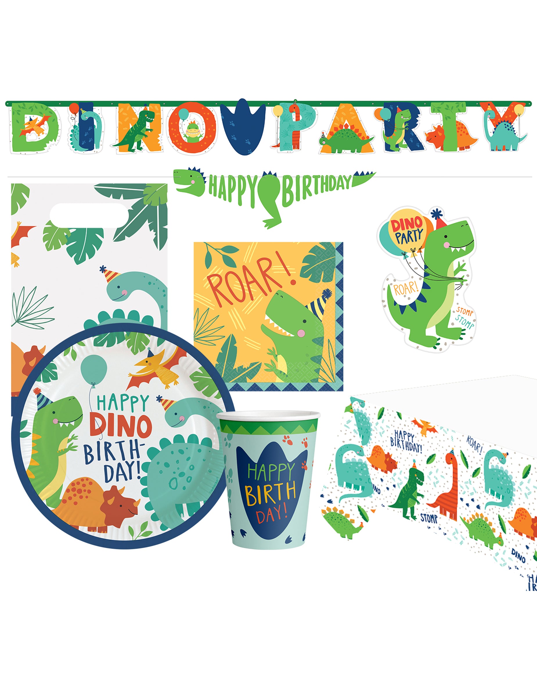 Pack dino pour anniversaire multicolore de 51 pièces avec vaisselle et décoration